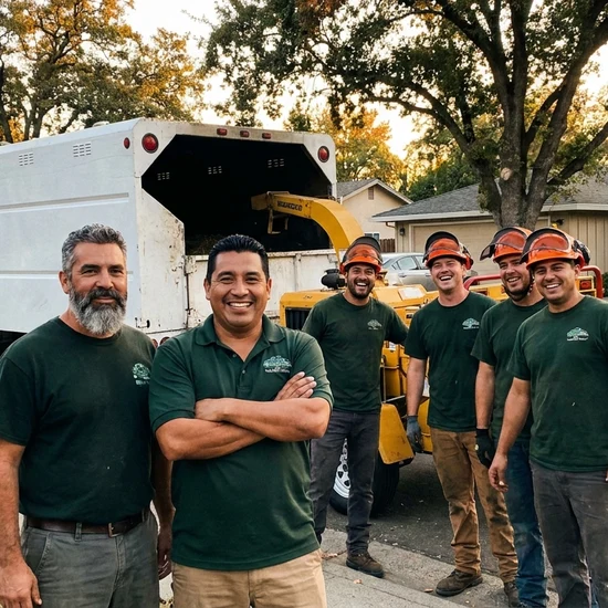 Tree service owner and crew with chip truck on a Oklahoma City street